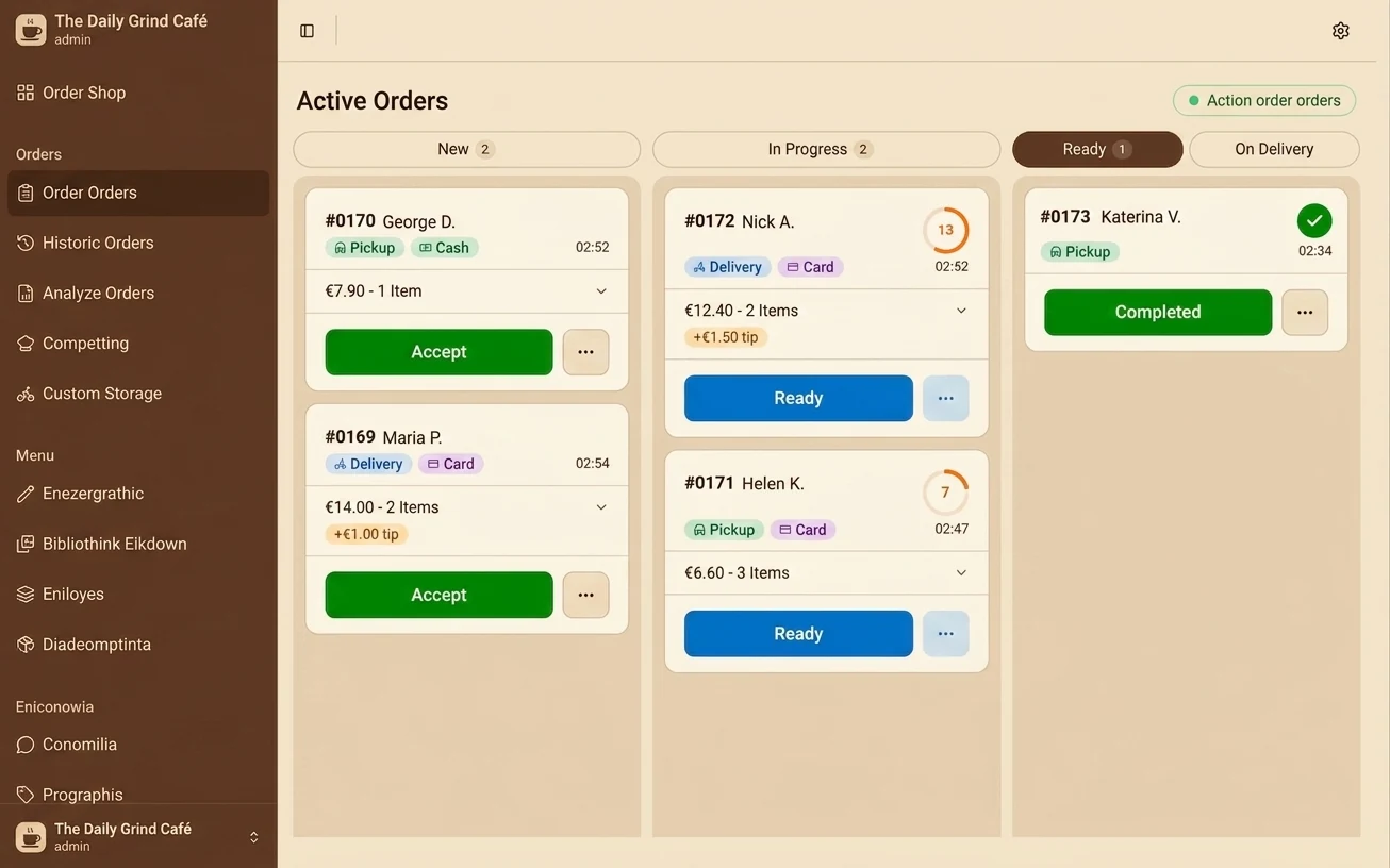 The Orderoo admin panel, a live order board with new, in-progress and ready columns