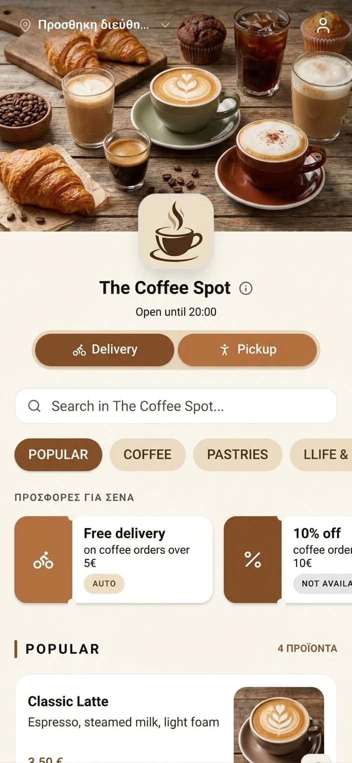 Η εφαρμογή παραγγελιών Orderoo σε κινητό, μενού live καταστήματος με προσφορές, delivery και παραλαβή